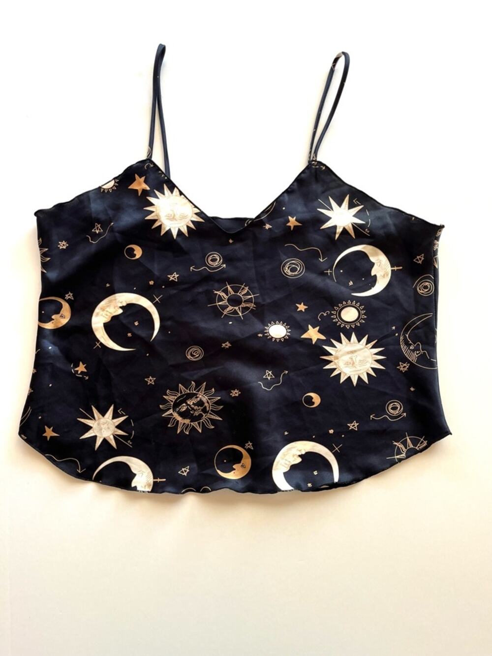 Vintage Style Celestial Moon & Sun Print Camisole Satin Spaghetti Strap Cropped